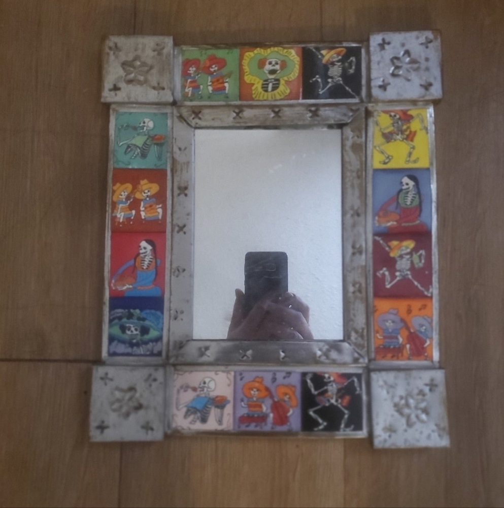 Authentic Mexican Day of the Dead Sugar Skull Tiled Punched Tin Mirror.